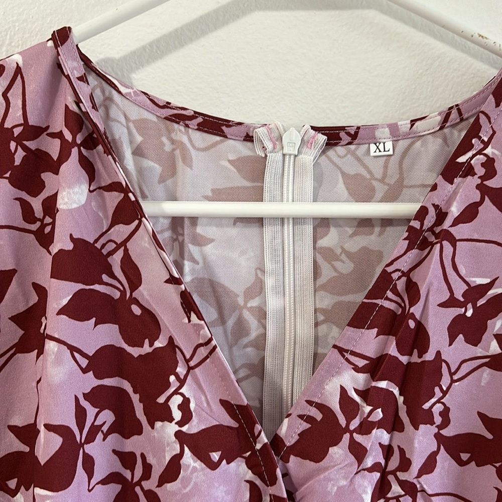 28. Floral V Neck Short Sleeve Waist Tie Double Layer Ruffle Hem Romper In XL - Picture 5 of 9